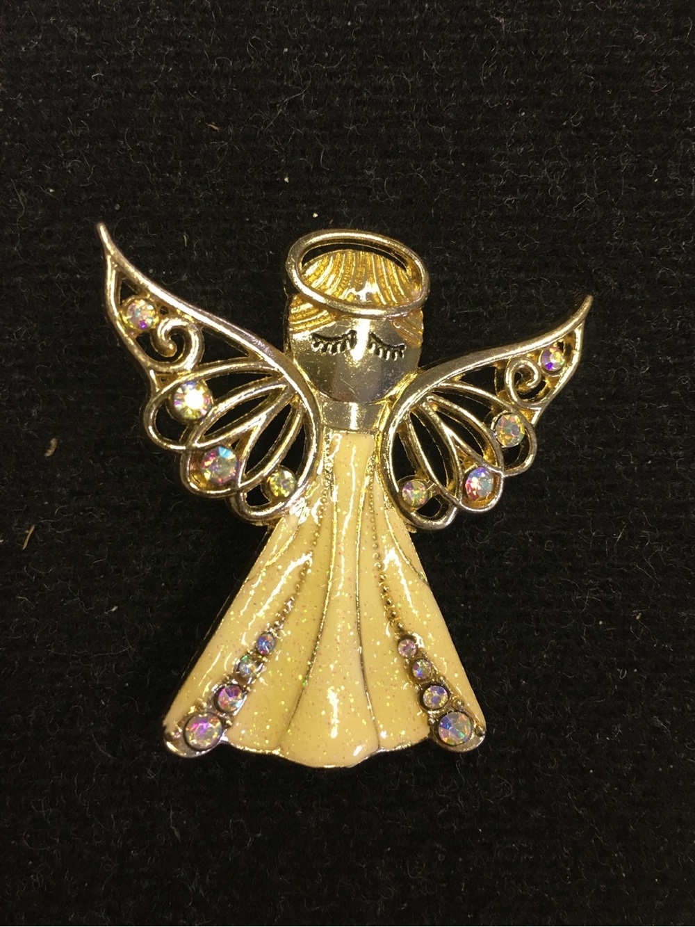 Vintage Gold and Cream Angel Brooch with Aurora Borealis Rhinestones